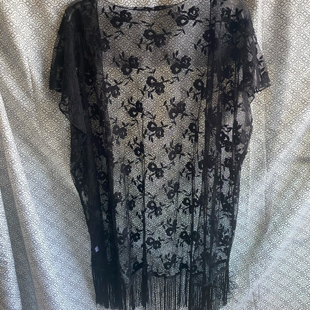 NWOT Black Sheer Rose Kimono/Cover Up with Fringe